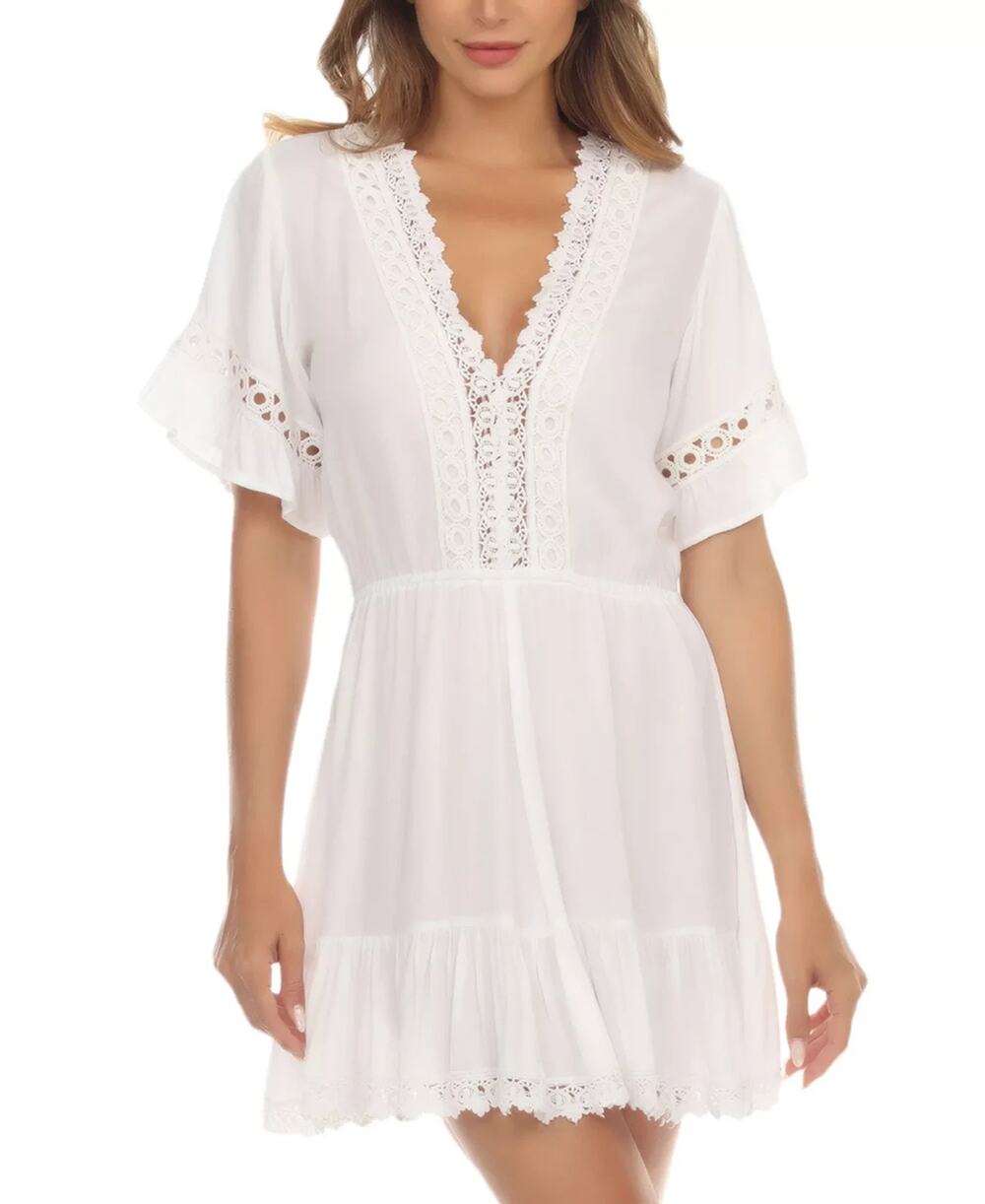 Raviya Women's V-Neck Short-Sleeve Lace-Trim Dress Cover-Up White Size M 1673